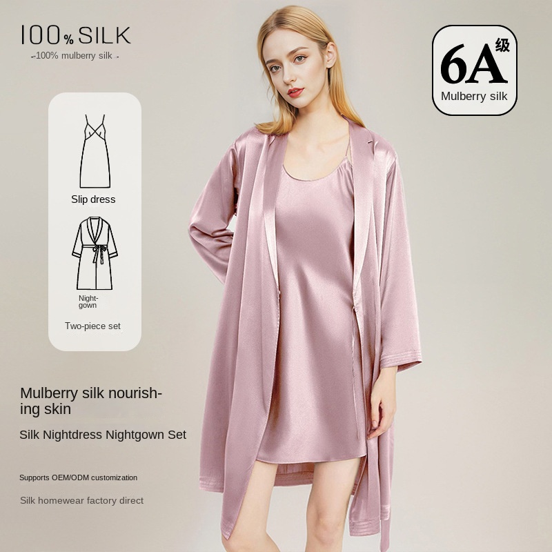 Robe Silk Women - 女性用エレガント100%桑絹ナイトドレスローブ2点セットオールシーズンラグジュアリーギフトラウンジウェア