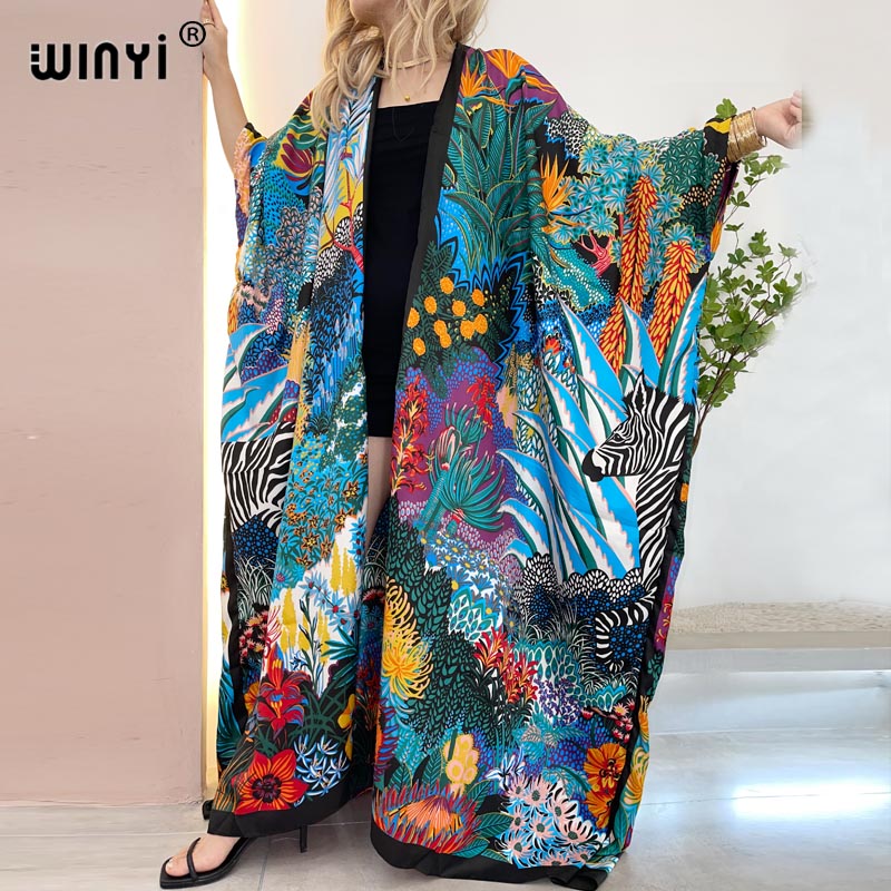 Robe Silk Women - Winyiアフリカ中東着物女性カーディガンステッチ着物カクテルsexcy自由奔放に生きるマキシアフリカ休日バットウィングスリーブシルクローブ