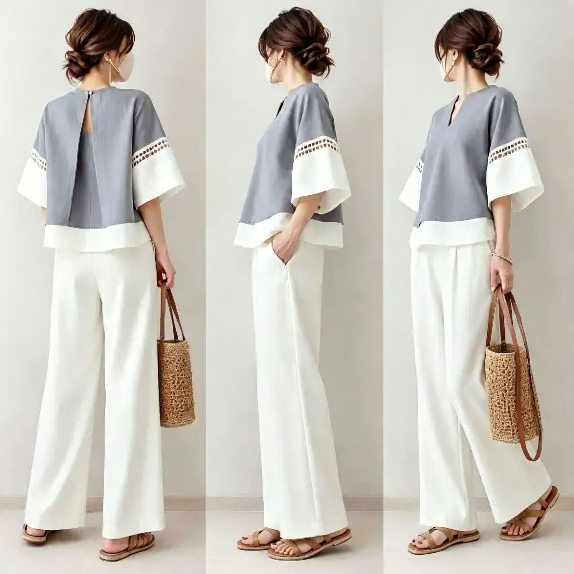 Robe Silk Women - 2026年新作ツーピースセット：Vネックカラーブロック中空デザイン5/4袖トップスとワイドレッグパンツバースデードレスミディ丈ローブドレス