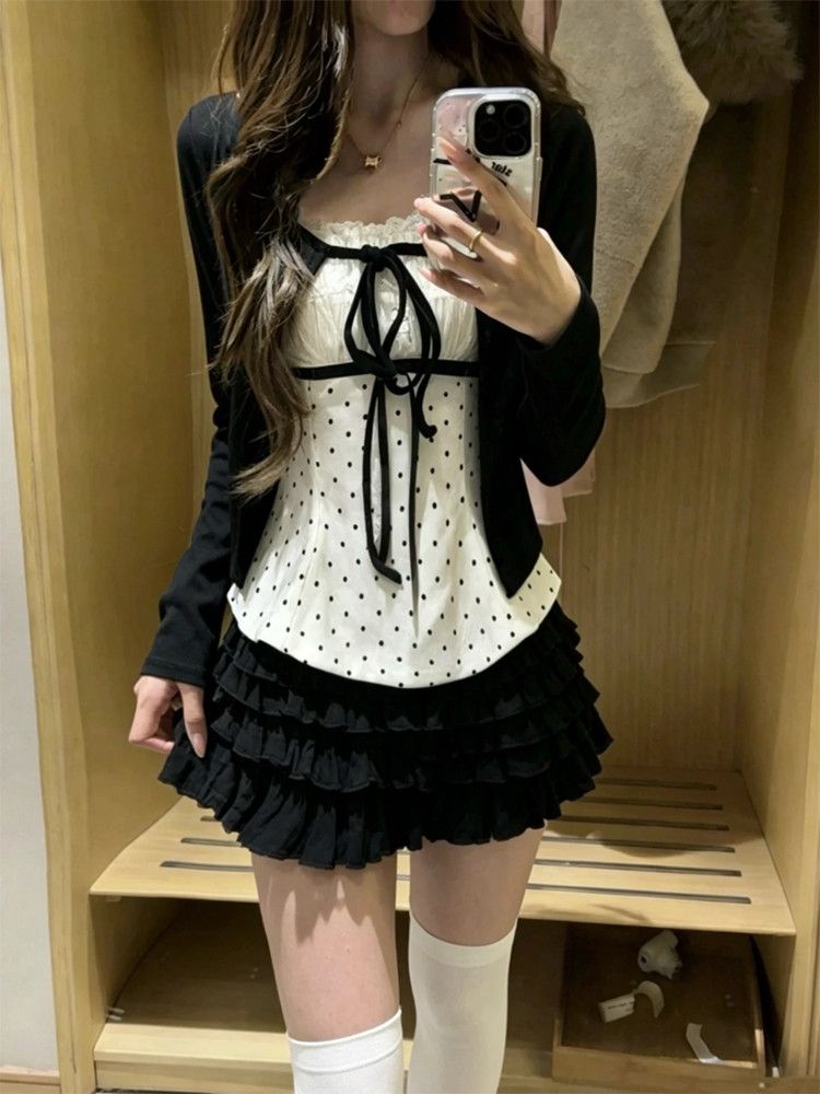 Cami Top Lace - 韓国ファッション 水玉模様 レース 蝶結び 3点セット レディース