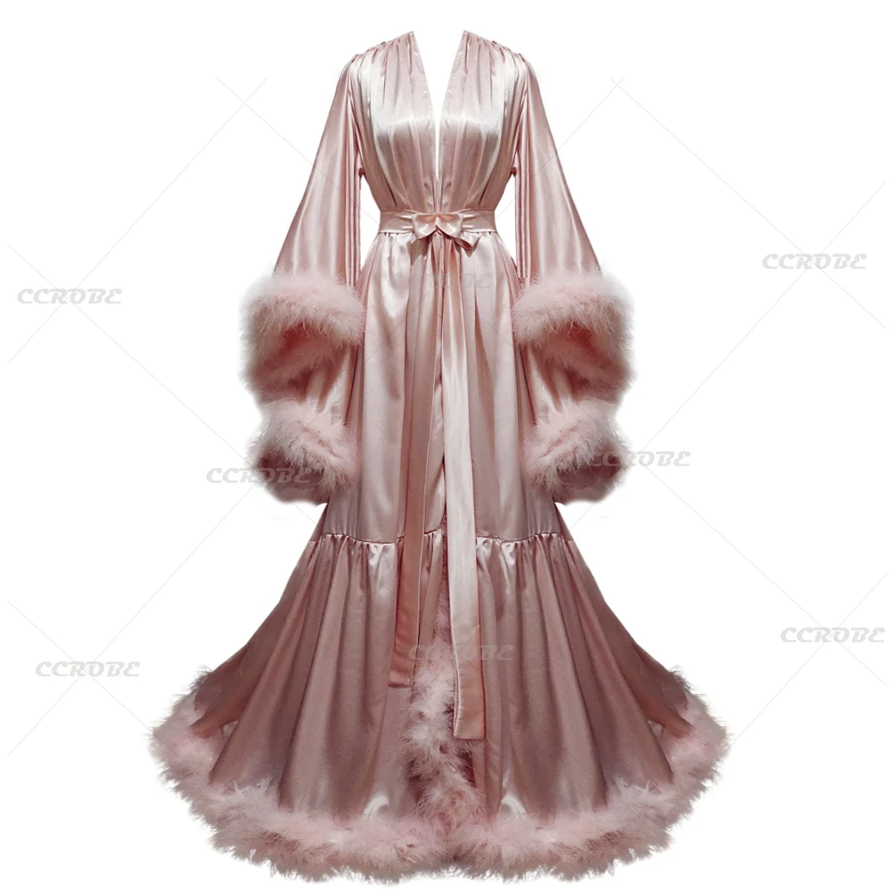 Robe Silk Women - 女性用にカスタマイズされたフェザーバスローブ,フレアスリーブ,ブライダルガウン,シルクのロングネグリジェ,ウェディングスカーフ,ドレス,写真ドレス