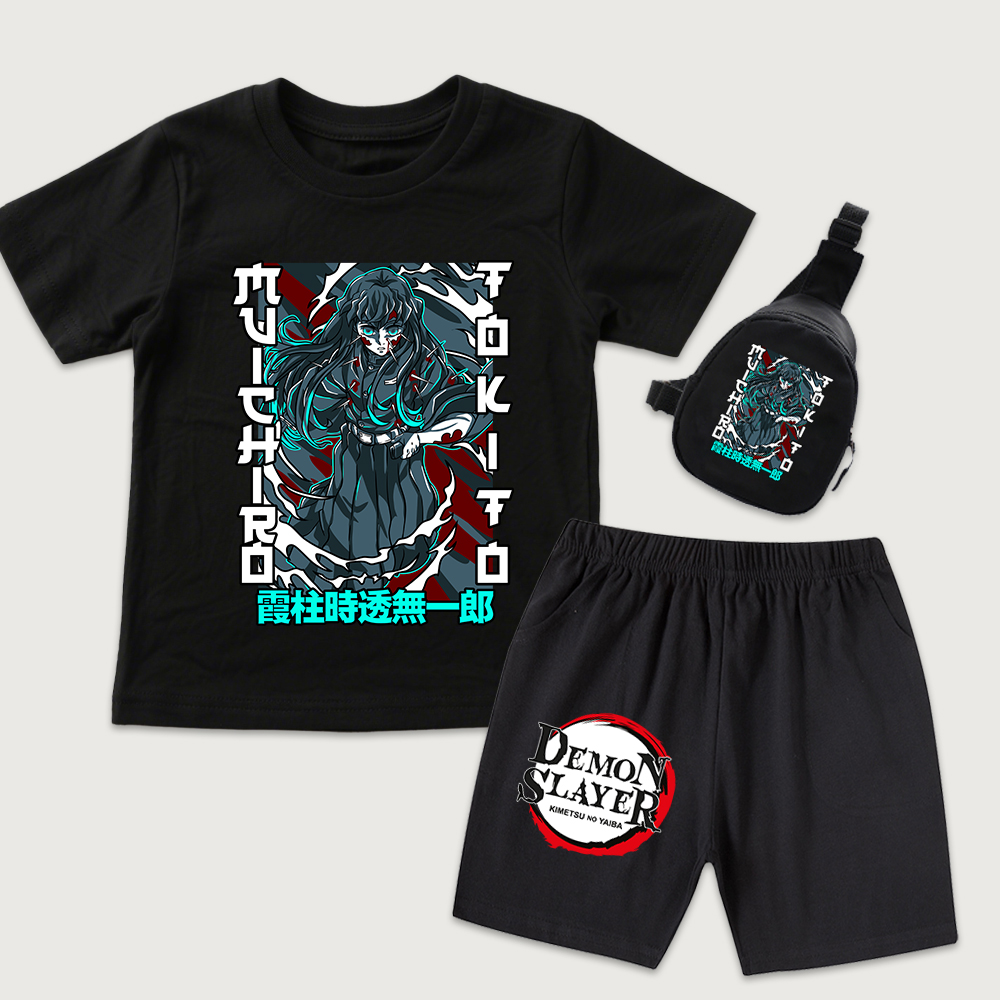 Boyshort Underwear - 鬼滅の刃 時透無一郎 アニメプリント キッズ コットンTシャツ＆ショートパンツ ミニチェストバッグ