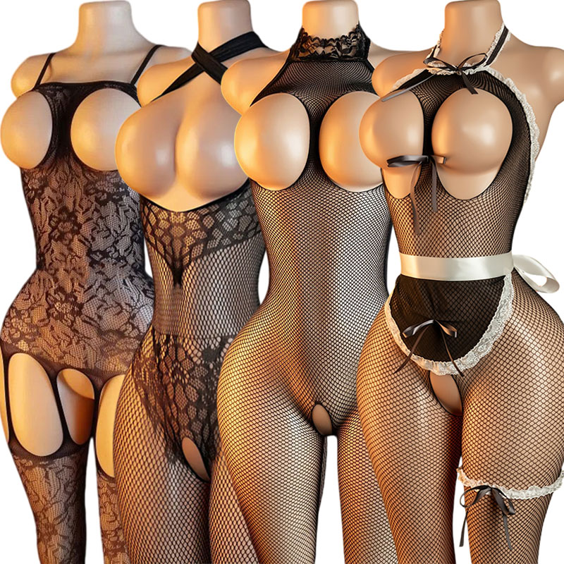 Bodystocking Fishnet - ダーティトイズ フルボディ拘束 大人用BDSMアイテム クロッチレスボディストッキング カップル用 フィッシュネットボンデージランジェリー
