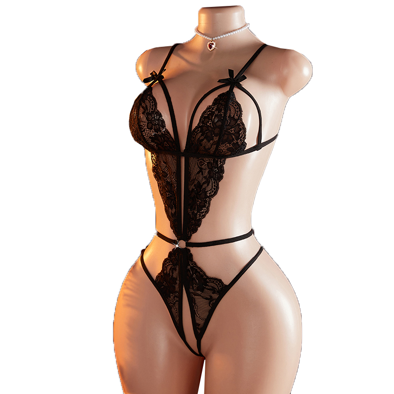 透明なセクシーなワンピース中空黒レースランジェリー誘惑エキゾ - Lace Teddy Lingerie のレビューと価格