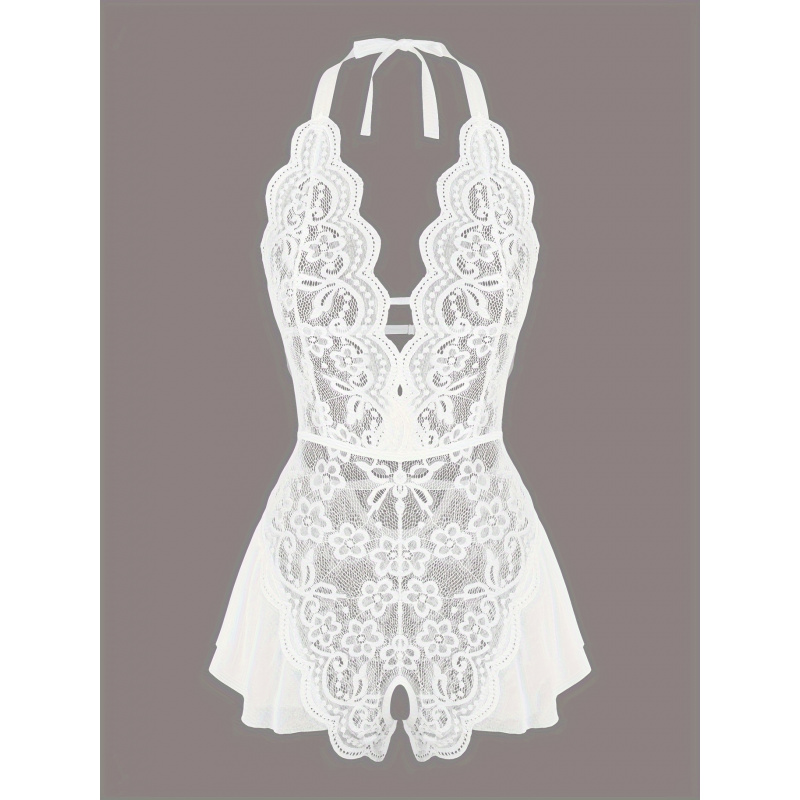 魅力的なレースメッシュテディ、スカラップトリムディープVオー - Lace Teddy Lingerie のレビューと価格