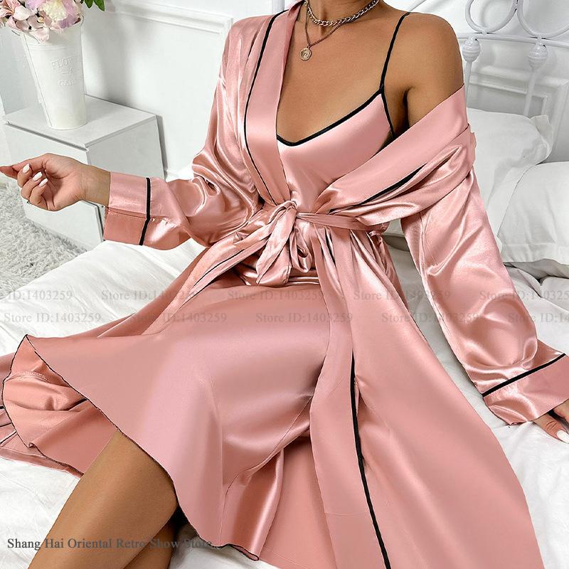 セクシーなロングツインセットローブセットシュミーズネグリジェ - Robe Silk Women のレビューと価格